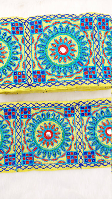 Indian Yellow Fabric Trim, Mirror Floral Kutch Embroidered, Decorative Trim